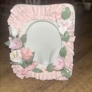 Vintage Porcelain Frame With Florals and Pink Ruffles